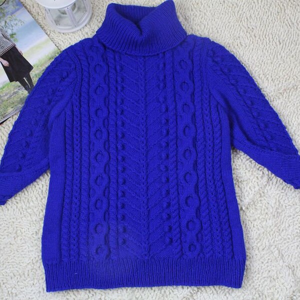 Pull vintage en cachemire des années 70 tricoté à la main pêcheur irlandais câblé décontracté bleu Klein léger pull à col roulé pull personnalisé femmes cadeaux