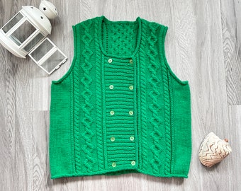 HandKnit vest women Irish Fisherman cabled Vintage Celtic emerald sweater vest Cashmere lightweight double breasted Personalized women Gift