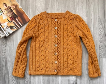 Irish fisherman cashmere sweater Women's cabled hand knit Winter lightweight 1970s retro pumpkin cardigan personalized holiday gift cardigan