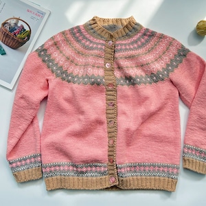 Jane&#39;s Handkint Fair isle women Cashmere Yoke cardigan petal pink lightweight vintage personalize sweater gift for her Pastel wool cardigan