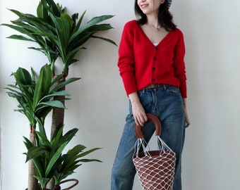 Women's knitted cashmere crop sweatshirt Casual cozy cardigan women Christmas red Backwards Deep V neck personalized cardigan gift for her