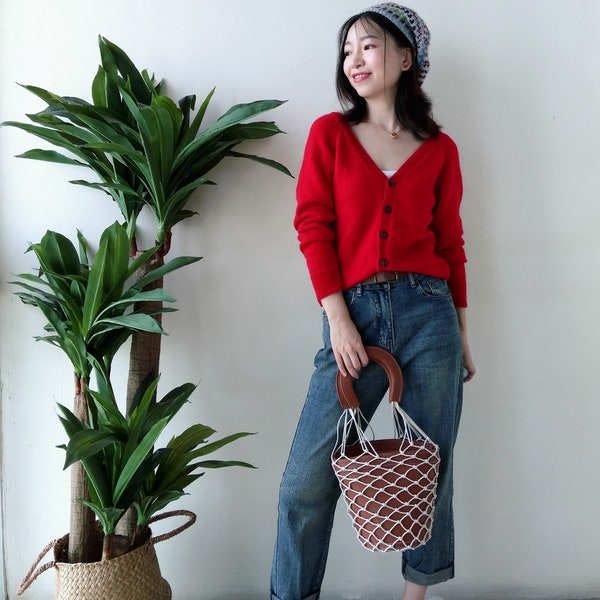 Women's knitted cashmere crop sweatshirt Casual cozy cardigan women Christmas red Backwards Deep V neck personalized cardigan gift for her