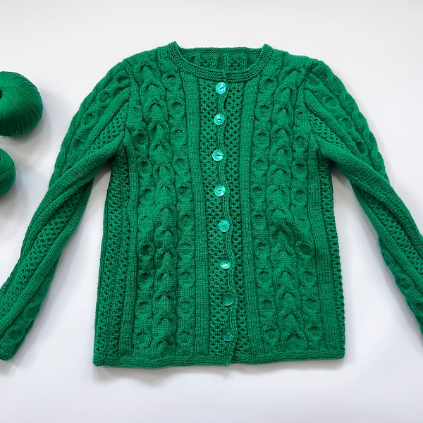 Pull en cachemire de pêcheur irlandais Tricot à la main câblé pour femmes Hiver léger cardigan émeraude rétro des années 1970 cardigan cadeau de vacances personnalisé