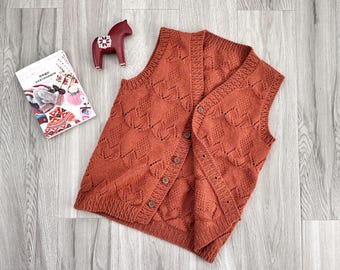 Cottagecore Handknit Leaf Openwork Wool Vest, Soft Sleeveless Cardigan with Natural Wood Buttons, Neutral Tone Layer Waistcoat Gilet 剪一缕思念