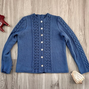 Women cashmere sweater Fisherman cable handknit cardigan Lightweight Sapphire 1970's retro Irish personalized sweater Women holiday gift