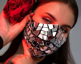 Silver Mirror Face Mask / minimalist style / Mirror accessory / Silver disco ball mask / Christmas gift idea / - by ETERESHOP _M125