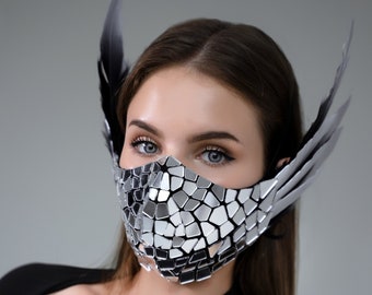 Silver Face Mask with Feathers / Christmas costume accessory gift idea / - by ETERESHOP_M112