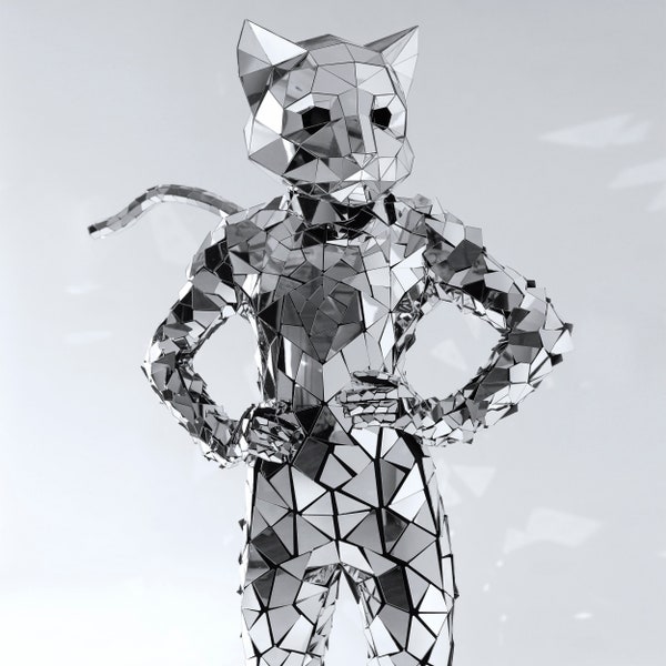 Sequin Silver Mirror man Suit "Cat" with mirror cat's head and tail / Mirror cat costume / Christmas sparkling suit / - by ETERESHOP _M91
