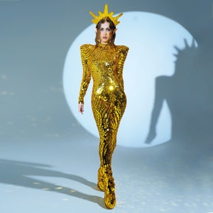 Gold mirror costume Lady Gaga Style with Gold Mirror Crown /Sequin disco ball leotard gold bodysuit / carnival costume - by Etereshop _M73-1