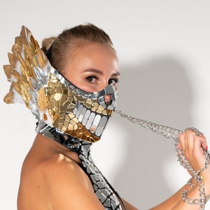 Gold&Silver Mirror Mask with feathers and chains / Disco ball glitter sparkly face mask / Christmas gift mask / - by ETERESHOP _M66