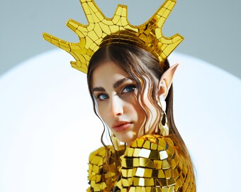 Gold Mirror Catsuit Lady Gaga Style with a Crown _M73-1