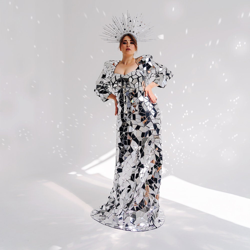 Silver Mirror Wedding Dress/Long Wedding Disco Ball Dress Mirror Clothing Fashion Outfit Train - By Etereshop M40-4