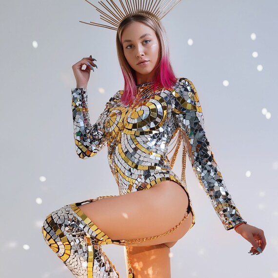 Silver and Gold Dance Outfit with Chains and Mirrors by Etsy