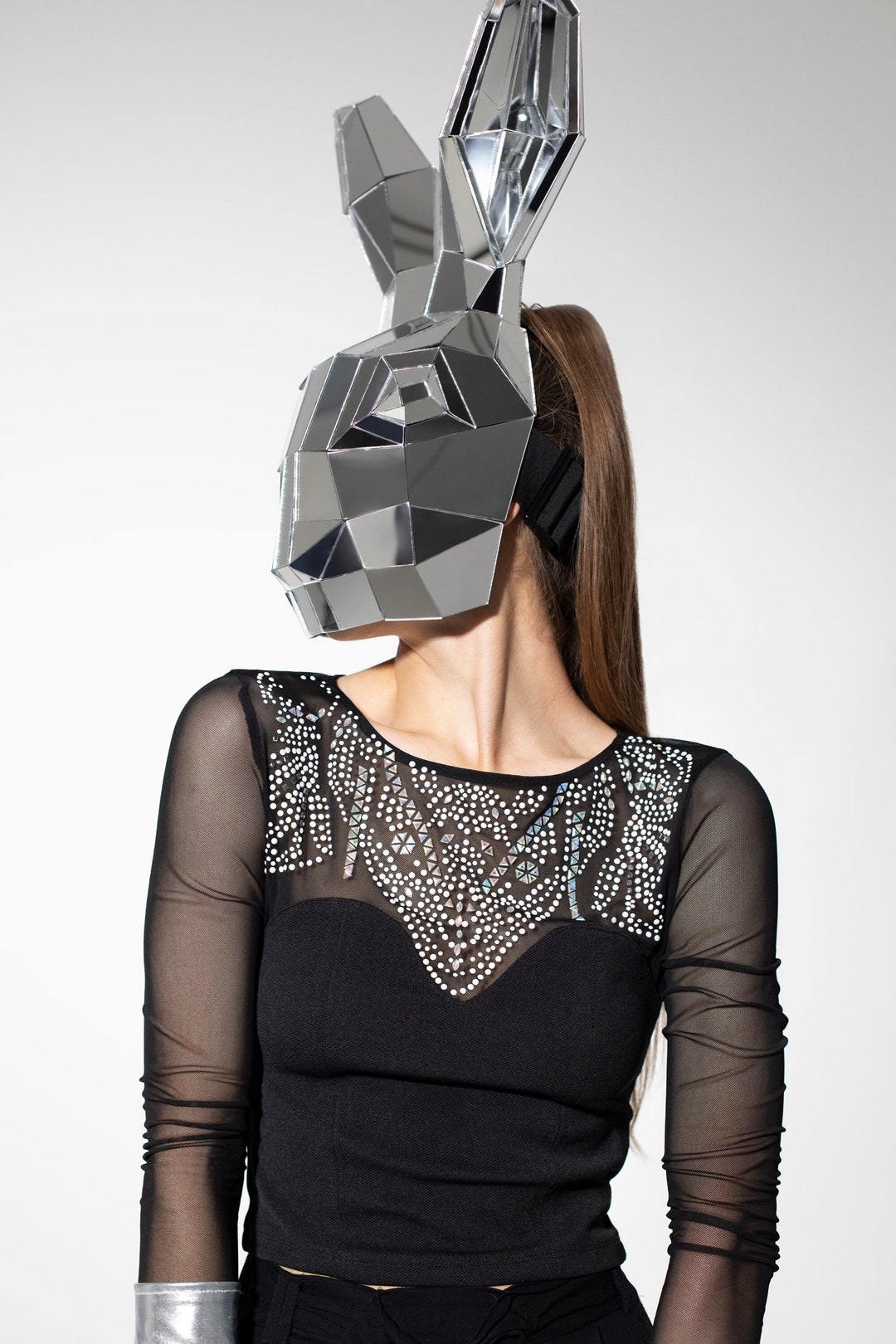 3D Silver Mirror Polygonal Rabbit Mask / Carnival Rave Party Outfit ...