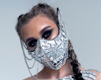 Custom Face Mask Festival Christmas Outfit Silver Mirror with Chains by ETERESHOP _M79