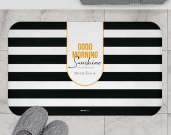 Bath Mat | Black and White Stripes | Customized Name & Monogram | Good Morning Sunshine | Personalized Bathroom Décor