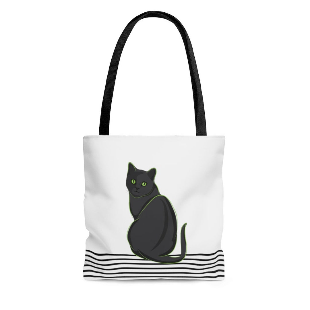 Black Cat With Green Eyes on White Tote Bag Black Stripes Animal Print