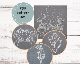 Ocean Decor Embroidery Pattern: Octopus, Crab, Shell, Seahorse Gifts