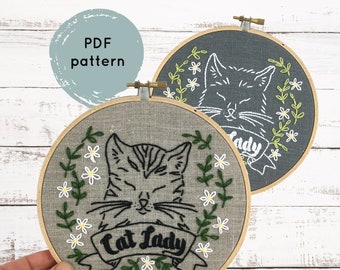 Cat Lady hand embroidery pattern, hand embroidery pattern PDF, PDF download embroidery pattern, cat embroidery pattern download, cat lady