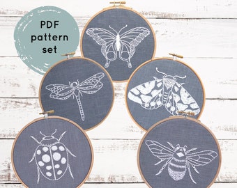 PDF embroidery pattern set, insect patterns, hand embroidery pattern, DIY needlecraft, ladybug, bumblebee, butterfly, dragonfly, moth PDF!