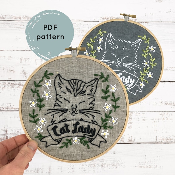 Cat Lady hand embroidery pattern, hand embroidery pattern PDF, PDF download embroidery pattern, cat embroidery pattern download, cat lady