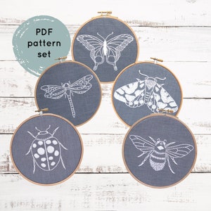 PDF embroidery pattern set, insect patterns, hand embroidery pattern, DIY needlecraft, ladybug, bumblebee, butterfly, dragonfly, moth PDF image 1