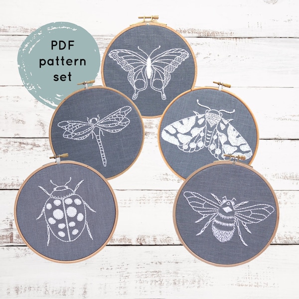 PDF embroidery pattern set, insect patterns, hand embroidery pattern, DIY needlecraft, ladybug, bumblebee, butterfly, dragonfly, moth PDF!