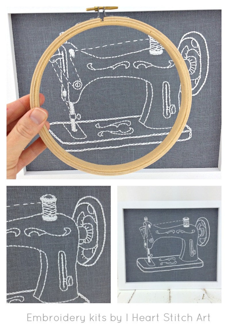 iheartstitchart craft decor DIY hoop art vintage sewing machine Embroidery kit embroidery pattern gift for sewist modern embroidery