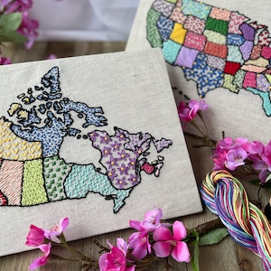 Echantillonneur de points de broderie -- Kit de bricolage -- Kit de démarrage de broderie de carte du Canada ou des États-Unis ! Apprenez à broder avec ce kit de bricolage pour adultes