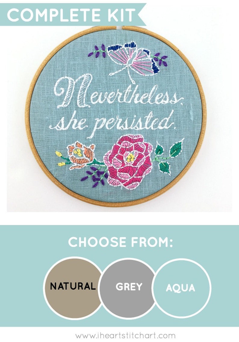 feminist embroidery kit Nevertheless She Persisted DIY embroidery hoop art kit She Persisted modern hand embroidery kit Embroidery kit