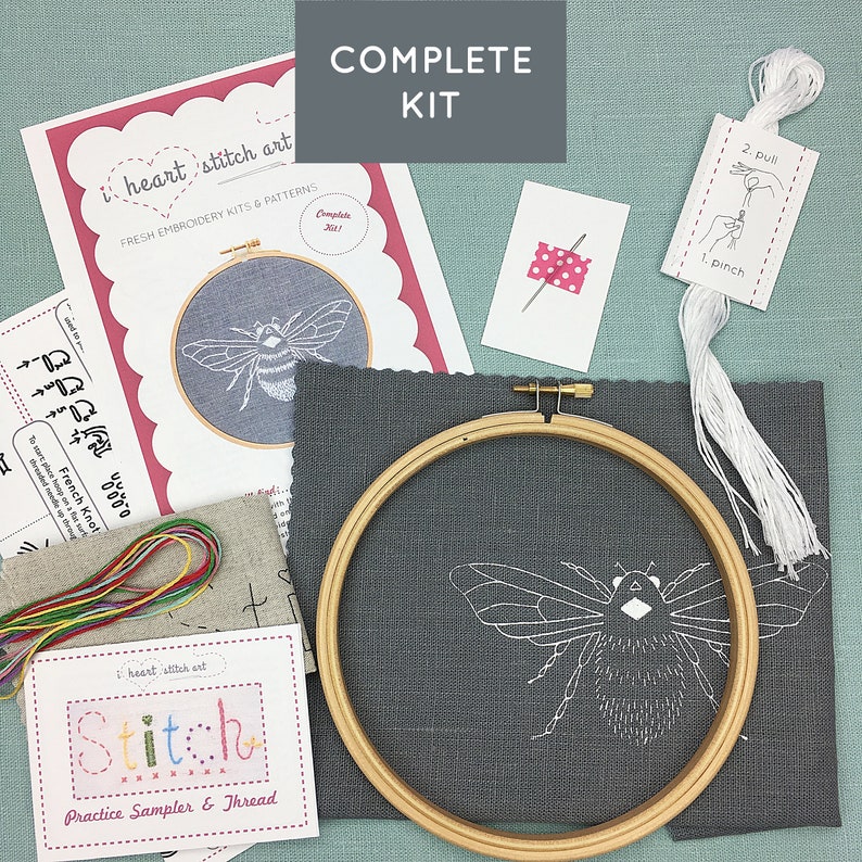 Beginner hand embroidery kit, easy hand embroidery kit, modern embroidery kit, bee embroidery kit, bee embroidery pattern, easy embroidery Complete Kit