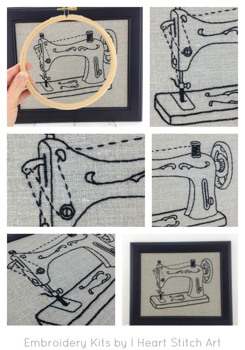 iheartstitchart craft decor DIY hoop art vintage sewing machine Embroidery kit embroidery pattern gift for sewist modern embroidery