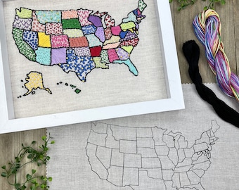 USA Map Embroidery Kit, United States Map, America Map, Embroidery Sampler Kit, Make at Home DIY Embroidery Kit, DIY Craft Kit, rainbow map