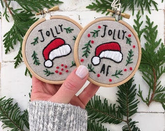 Jolly AF: Funny, Sarcastic Christmas Ornament Embroidery Kit