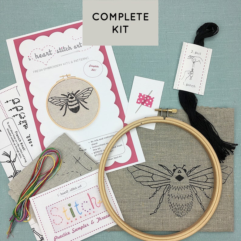 DIY embroidery KIT, bumblebee embroidery pattern, modern hand embroidery pattern, beginner embroidery kit, embroidery kit, easy embroidery Complete Kit