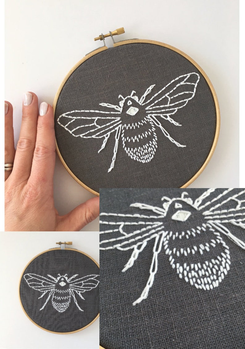 Beginner hand embroidery kit, easy hand embroidery kit, modern embroidery kit, bee embroidery kit, bee embroidery pattern, easy embroidery Bild 4