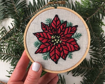 Poinsettia Embroidery Kit: Christmas Ornament DIY Craft Kit