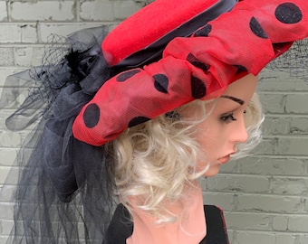 Edwardian Style Kentucky Derby Hat: Red & Black Polka Dot Tulle Sash