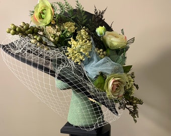 Original Black Sinamay Church Hat: Garden Party Dragonfly Design