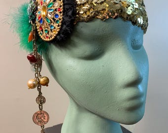 Gold Sequin Flapper Headband: Vintage Style Emerald & Multicolor Bandeau