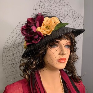 Kentucky Derby Church Hat Edwardian Style Black Burgundy Ivory Downton Abbey Titanic Wedding FREE SHIPPING EASY Returns