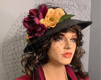 Edwardian Style Kentucky Derby Hat: Black Straw Church Hat with Silk Florals