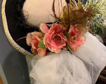 Edwardian Style Kentucky Derby Hat: Vintage Floral Feathered Church Hat