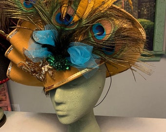 Designer Gold Wool Pirate Hat: Peacock Feathers, Theatrical Costume