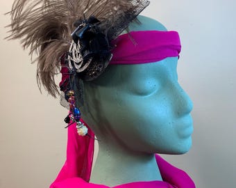Art Deco Flapper Headband: Vintage Jewels, Burgundy Silk, 1920s Style