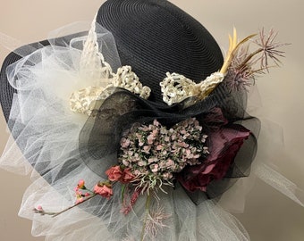 Vintage Black Church Hat: Floral Tulle Kentucky Derby Hat