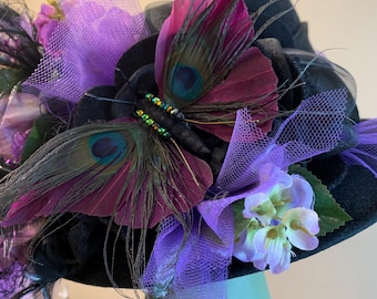 Vintage Black Church Hat: Purple Peacock Butterfly, Edwardian Downton Abbey Style