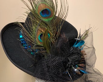 Vintage Embellished Cowboy Hat: Peacock Feathers, OOAK Church Hat