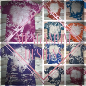 Może przedstawiać: Kolaż koszulek tie-dye w r&oacute;żnych kolorach, w tym fioletowym, pomarańczowym, niebieskim i czerwonym. Każda koszulka ma wybielony biały wz&oacute;r na środku. Na obrazie znajduje się tekst "MEAGAN CANNON DESIGNS".