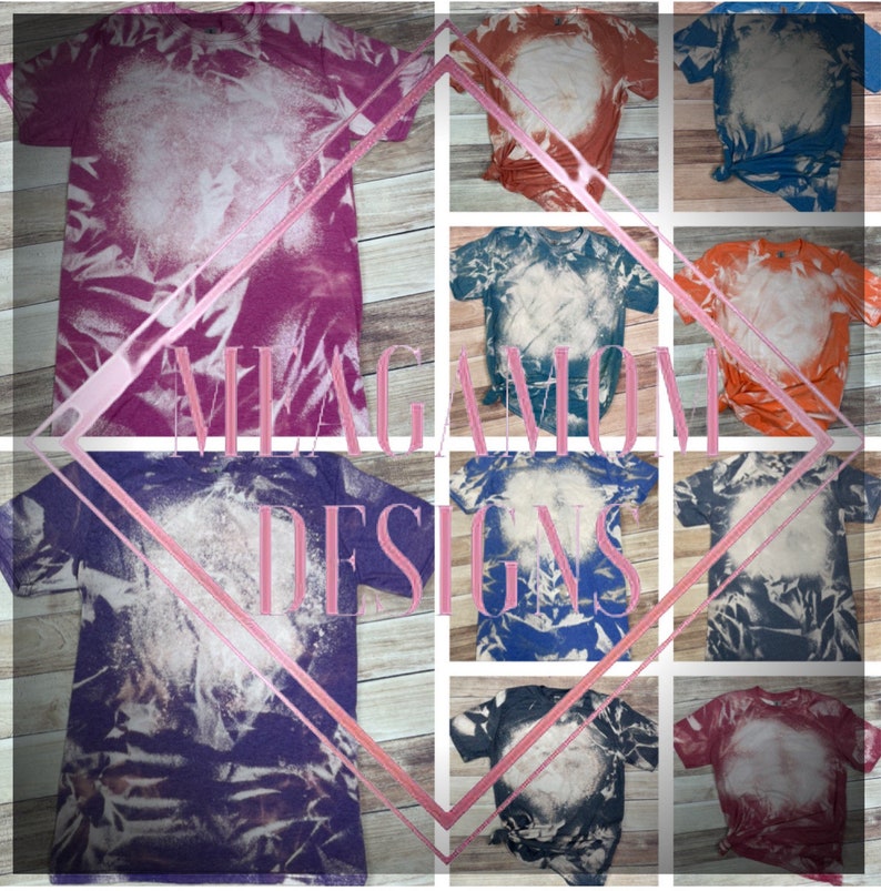 Może przedstawiać: Kolaż koszulek tie-dye w r&oacute;żnych kolorach, w tym fioletowym, pomarańczowym, niebieskim i czerwonym. Każda koszulka ma wybielony biały wz&oacute;r na środku. Na obrazie znajduje się tekst "MEAGAN CANNON DESIGNS".